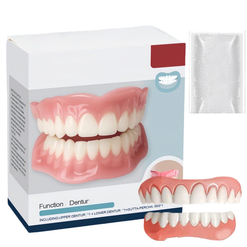 Advanced Full Dent/ure Set with False Teeth & Fake Teeth, Adjustable Sili/Cone Reline Kit for Veneers Teeth,Snap on Veneers,Temporary Tooth Covers, Comfortable Natural Material Safe for All People